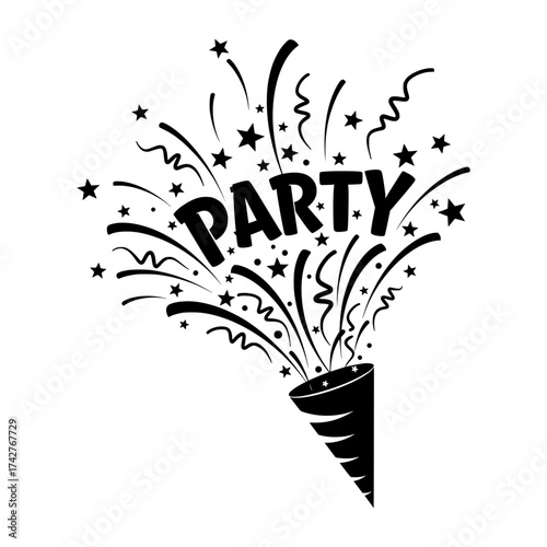 Party popper silhouette with festive stars and confetti bursting out isolated on white background
