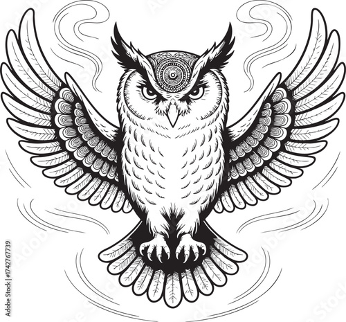 Intricate mandala owl illustration with mystic wings.