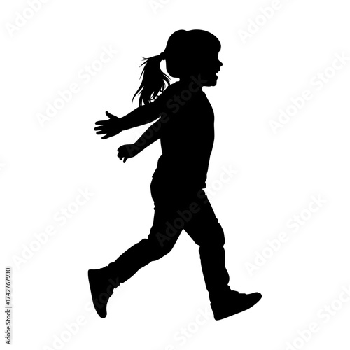 Silhouette of a little girl joyfully running with arms outstretched ponytail and casual clothing isolated on white background