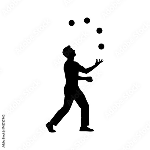 Silhouette of a man juggling four balls a dynamic action pose isolated on white background perfect for design projects