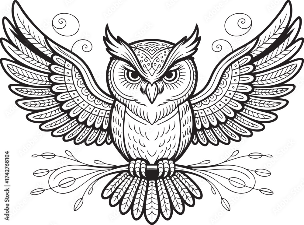 Obraz premium Intricate mandala owl illustration with mystic wings.