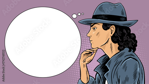 Woman detective thinking in profile, retro pop art banner with thought bubble