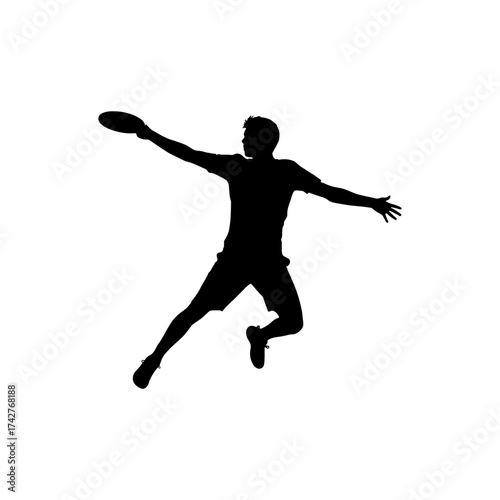 Ultimate Frisbee player silhouette jumping high to throw the disc during a game, isolated on white background
