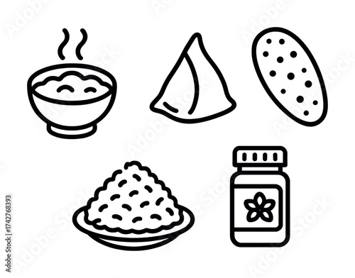 Vector Outline icons of samosa, curry, naan, rice, and spice bottle