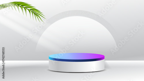 Modern minimalist display podium with vibrant gradient lighting and soft shadows from a palm leaf