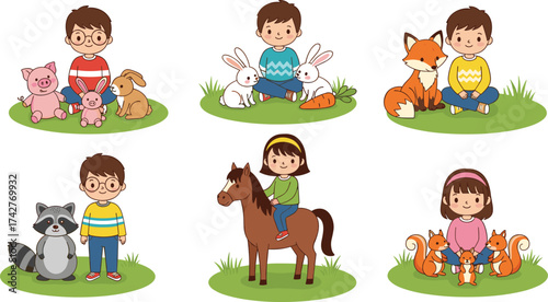 Cartoon children with animals, outdoor playtime, pig and rabbit, horse riding, fox and raccoon, squirrel and carrot, nature bonding, friendly pets, joyful scene