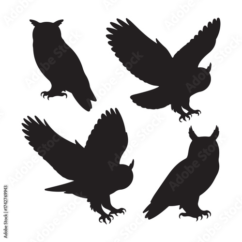 Four silhouettes of owls in various poses capturing their majestic flight and perched stances silhouette