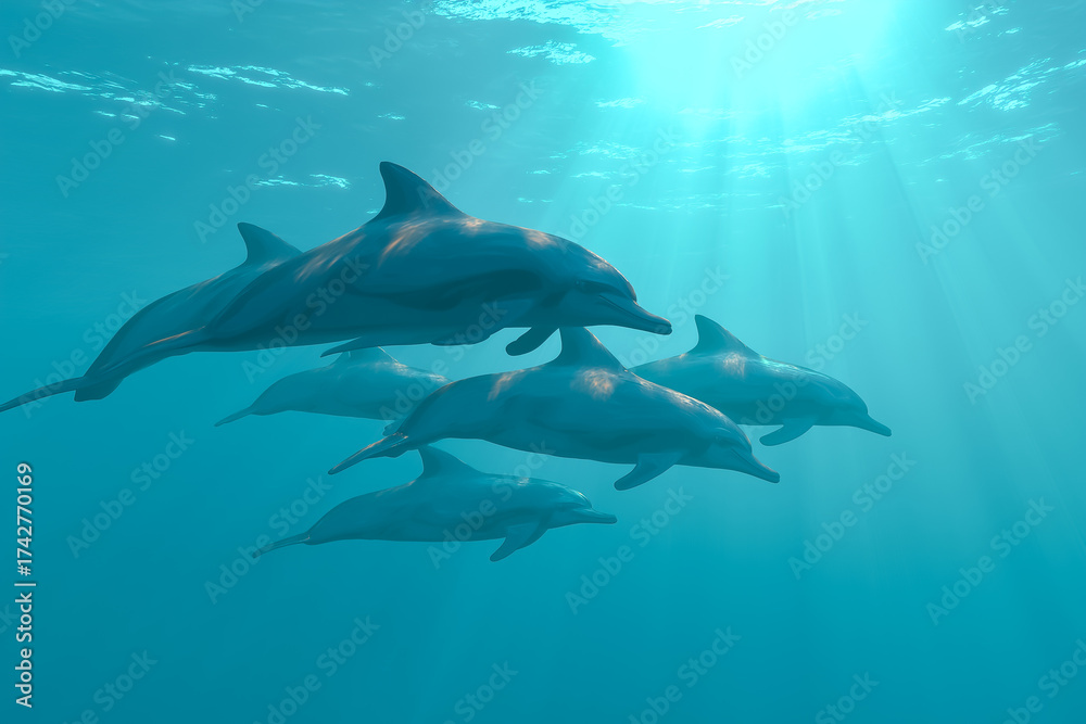 Naklejka premium 自由に泳ぐイルカの群れと青のグラデーション