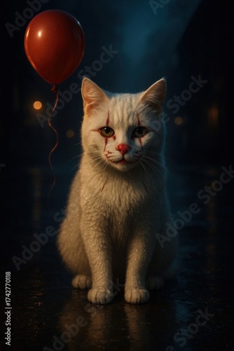 A white cat with red clown makeup and buttons poses under stormy Halloween skies. Lightning flashes illuminate its soft fur and red balloon. A surreal mix of horror and elegance — perfect Halloween wa