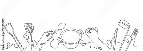 Horizontal continuous line drawing poster with utensils. Preparing the Food. Cooking process.  Culinary illustration with empty space for text. Vector background.
