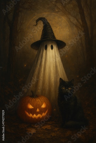 image.pngA cute ghost in a witch hat stands beside a glowing jack-o’-lantern and a black cat. The soft candlelight creates a cozy yet mysterious Halloween scene — magical, whimsical, and perfect for f