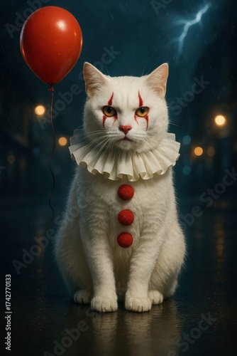 A photorealistic white cat with a red balloon and clown face stands in the rain under a lightning sky. The scene blends cinematic horror with surreal beauty — a perfect Halloween artwork with mystery 