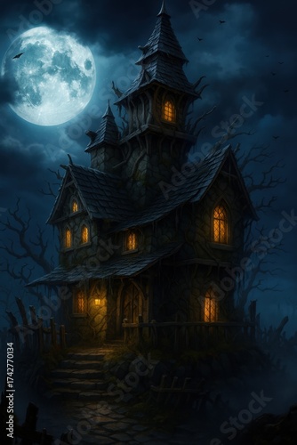 imAn eerie gothic mansion under a massive full moon, surrounded by shadows and glowing windows. The haunted house exudes Halloween magic — cinematic, mysterious, and full of dark beauty. Perfecage.png
