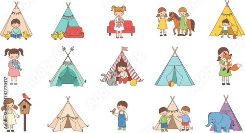 Cartoon children with animals, teepee tents, playful scenes, outdoor fun, colorful illustration, camping theme, happy kids, nature activity, child-friendly art, joyful moments