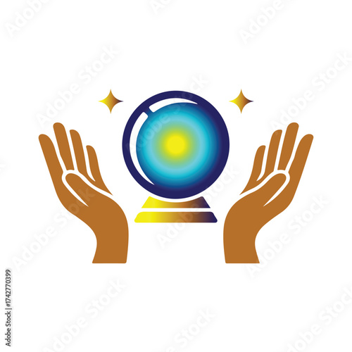 Mystical crystal ball foretelling the future held between open hands with sparkling stars vector