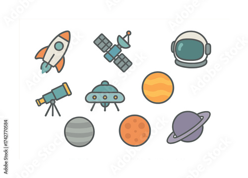 Vector Cartoon space elements: rocket, satellite, planets, telescope, spacesuit, ufo