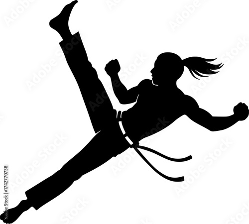 Black and white silhouette of a capoeira aerial kick, dynamic vector perfect for martial arts, dance, and acrobatic movement design