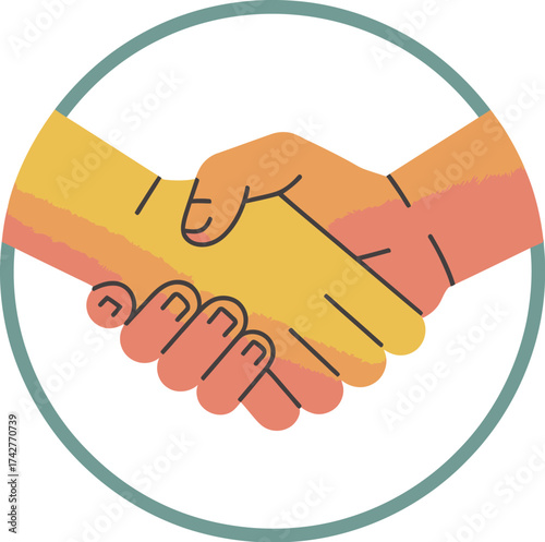 Vector art of two hands shaking in a circle, representing partnership and agreement