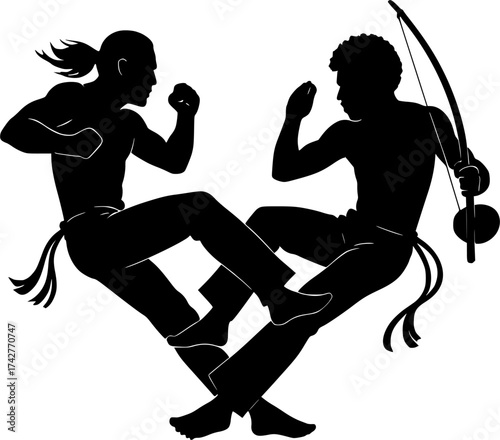 Black and white silhouette of a capoeira duo mid-air crossing legs, dynamic vector perfect for martial arts, dance, and acrobatic movement design