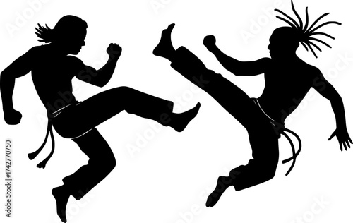 Black and white silhouette of two capoeiristas doing aerial kicks, dynamic vector perfect for martial arts, dance, and acrobatic movement design