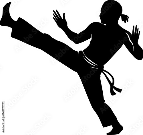 Black and white silhouette of a capoeira fighter kicking, dynamic vector perfect for martial arts, dance, and acrobatic movement design
