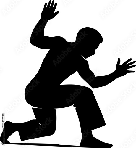 Black and white silhouette of a capoeirista landing from flip, dynamic vector perfect for martial arts, dance, and acrobatic movement design