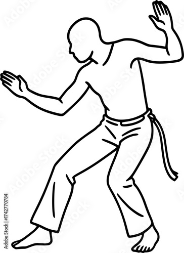 Line art silhouette of a capoeirista in ginga sway, elegant black and white vector perfect for martial arts, dance, and rhythmic movement design