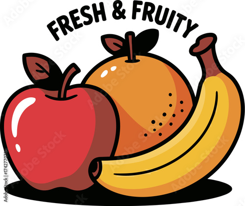 Vector art of fresh apple, orange, and banana arranged together, with the text fresh fruity
