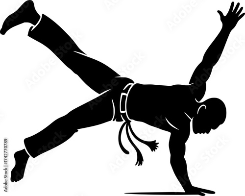 Black and white silhouette of a capoeira dancer doing flare move, dynamic vector perfect for martial arts, dance, and acrobatic movement design