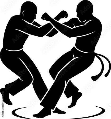 Minimal silhouette of two capoeira performers crossing arms mid-spin, dynamic black and white vector perfect for martial arts, dance, and cultural movement design