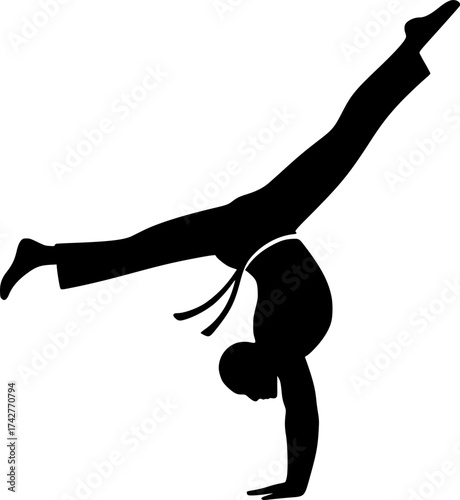 Minimalist silhouette of a capoeirista doing a handstand kick, dynamic black and white vector perfect for martial arts, dance, and acrobatic movement design