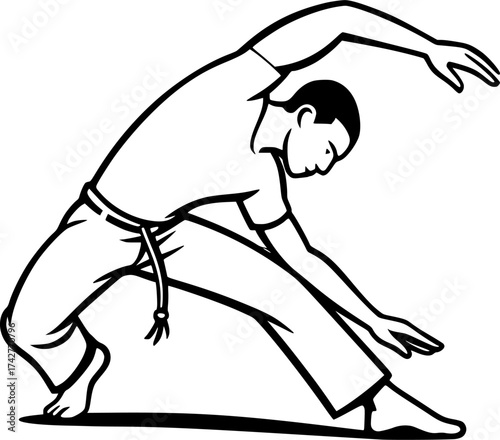 Minimalist vector of a capoeira dancer bent low sweeping foot, elegant black and white illustration perfect for martial arts, dance, and cultural movement design