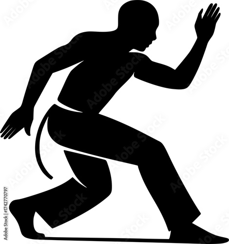Minimalist silhouette of ginga stance, elegant black and white vector perfect for capoeira, martial arts, dance, and rhythmic movement design