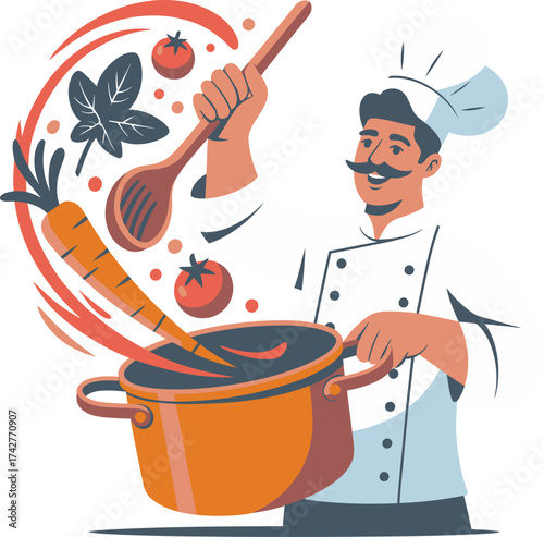 Vector art of a chef in a white uniform and hat, holding a spoon and a pot, with vegetables and herbs swirling around him