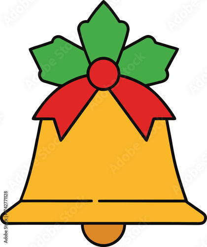 Christmas bell with red ribbon and holly leaves vector art design, Christmas bell with bow and holly leaves