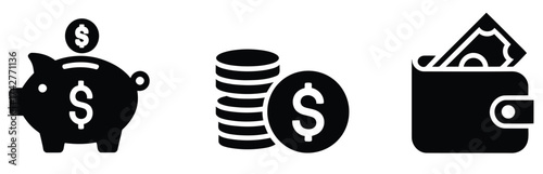 Simple black glyph icons illustrating fundamental economic principles, including a piggy bank for savings, a stack of dollar coins for investment, and a wallet full of cash for personal expenses
