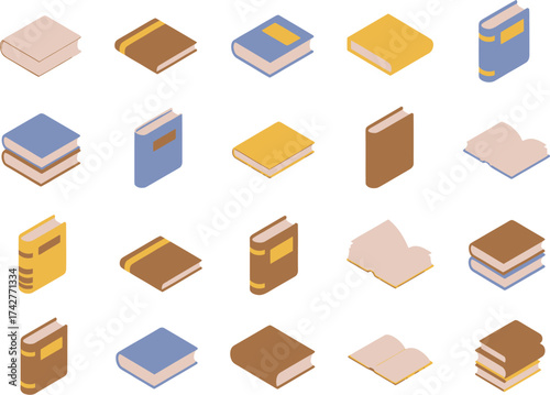 Isometric vector book icon set for educational design. A diverse collection of literature illustrations, library symbols, and knowledge concepts