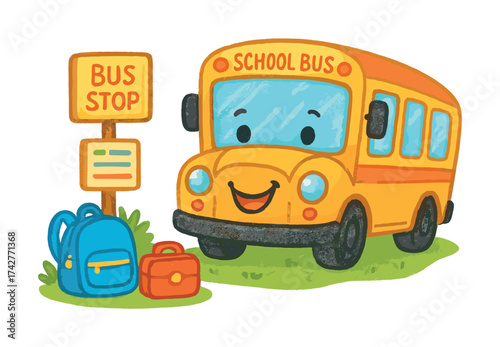 Vector Cheerful school bus at bus stop with backpacks for kids' journey
