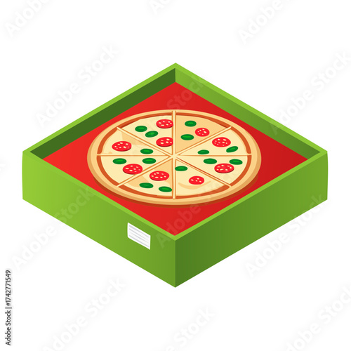 Isometric illustration of a pizza with pepperoni and green peppers in a green box
