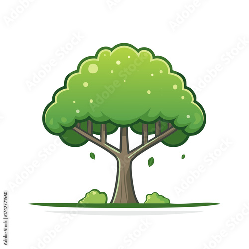 Stylized green cartoon tree with brown trunk and falling leaves standing in grass