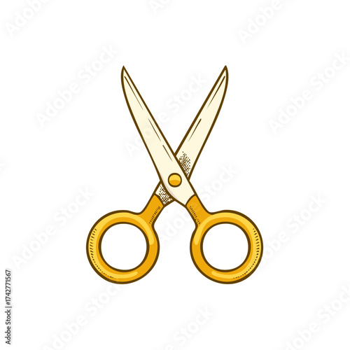 Open gold scissors in hand drawn cartoon vector style, featuring cutting blades and yellow handles for craft projects or design elements