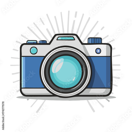 Flat design camera illustration with blue accents and radiating lines
