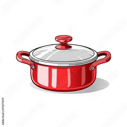 Red cooking pot with glass lid illustration for culinary recipes and kitchenware visuals in vector