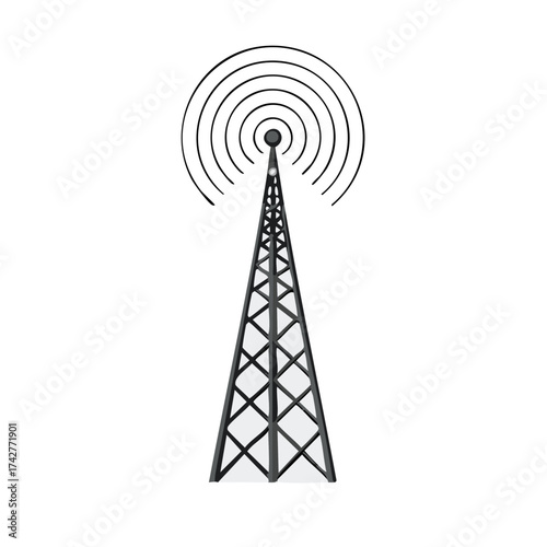 Radio transmission tower icon broadcasting a signal. Communication and technology vector illustration.
