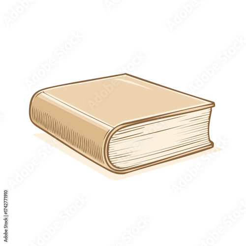 Closed tan hardcover book with embossed lines on cover and thick pages shown at an angle