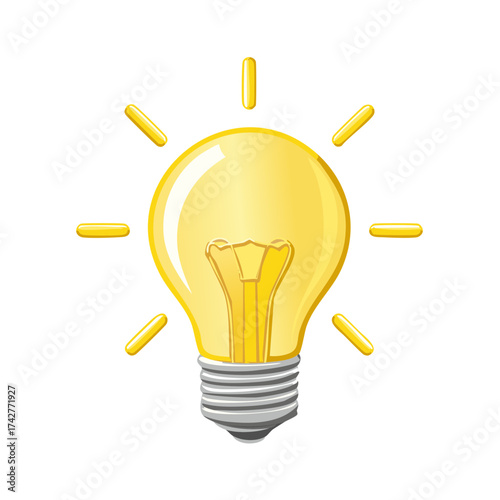 Bright yellow light bulb icon shining as a symbol of a creative idea and innovation