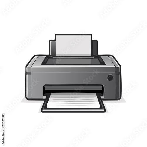 Grey office desktop printer with paper in input tray and printed sheet exiting output slot vector illustration