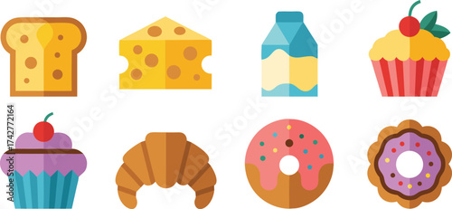 Collection of Geometric Style Food Icons Featuring Toast Cheese Milk Cupcake Croissant and Doughnut Designs