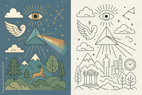 Mystical Illustration Set – All Seeing Eye, Pyramid, Constellations, and Nature Elements in Color and Line Style