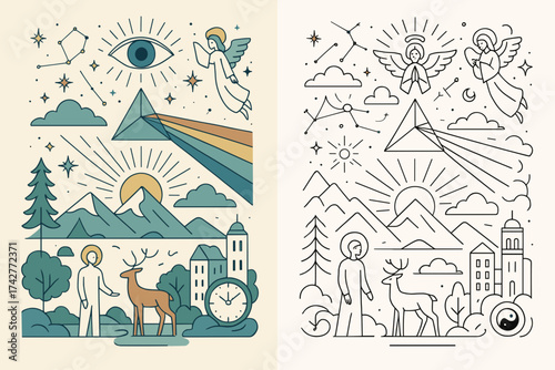 Mystical Illustration Set – All Seeing Eye, Pyramid, Constellations, and Nature Elements in Color and Line Style